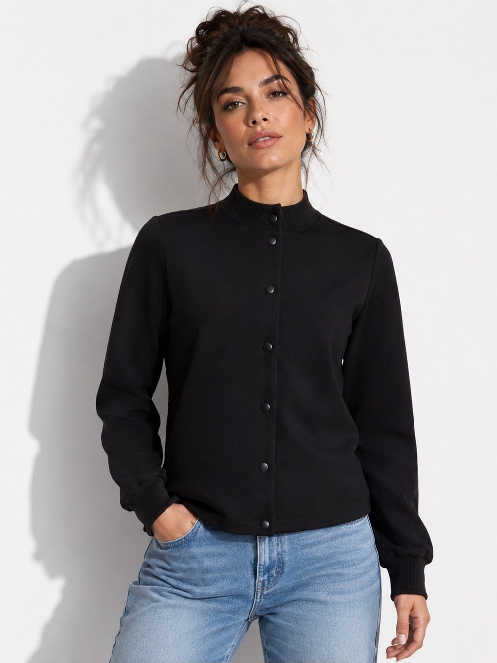 BYDESIGN Black Ponte Knit Varsity Bomber Jacket Snap Front Ribbed Size Small NWT